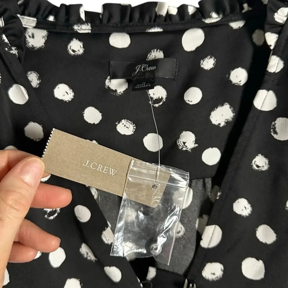 NWT J. Crew Black & White Polka Dot Satin Peplum Blouse Women's 4